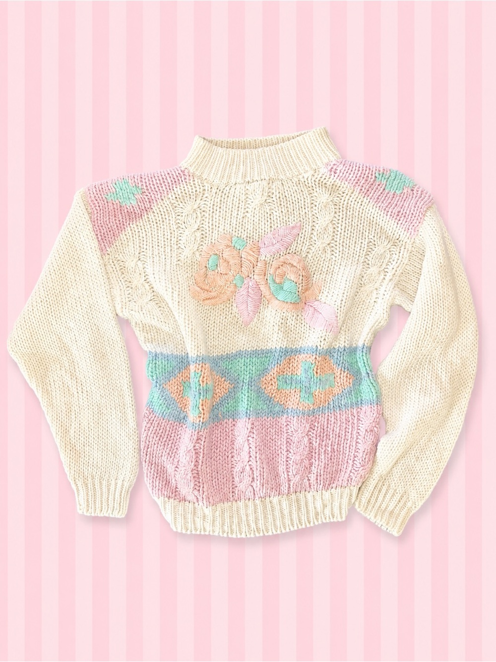 Vintage Jason Maxwell Hand Knit Pastel Floral Cable Knit Sweater – Size Small 🌸🩷